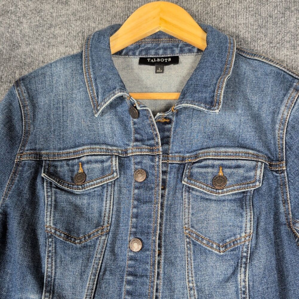 Talbots Womens Denim Trucker Jacket Large Med - Wash Blue Jean Classic Button Up